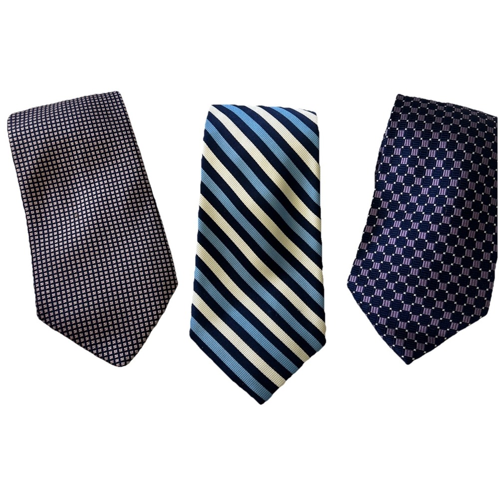 CHAPS NECK TIE Lot of 3 Blue Stripe Blue Purple Geometric Blue Check 100% SILK